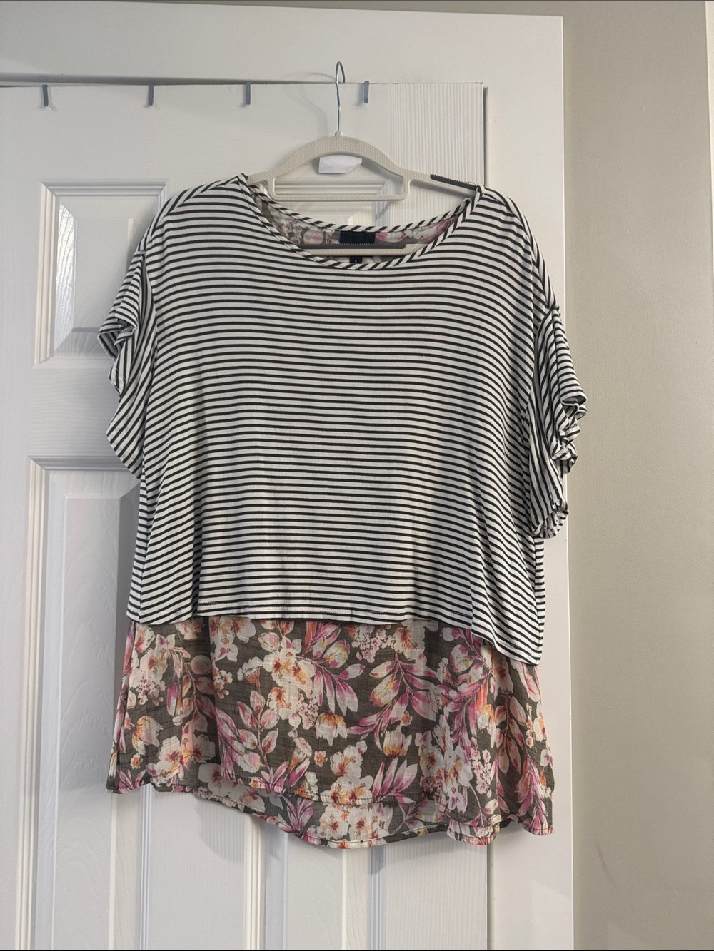 Striped Layered Floral Hem Short Sleeve Top - Black/White and Floral